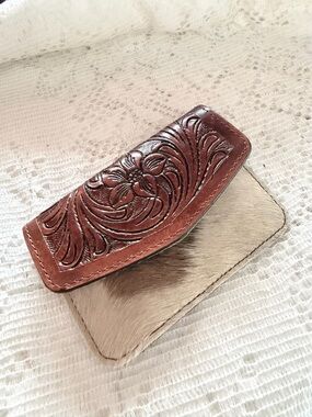 Hand-Tooled Leather & Hair-on Hide Card Wallet - Brown